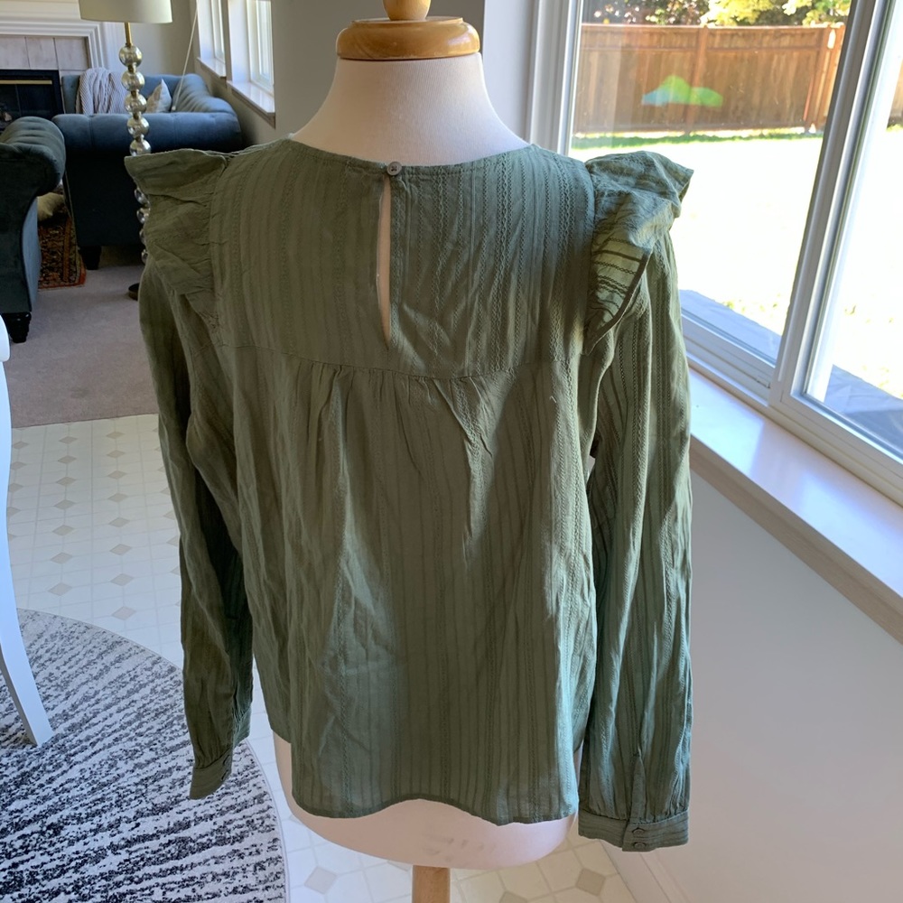 LOFT Olive Green Ruffle Long Sleeve Blouse - Picture 6 of 8